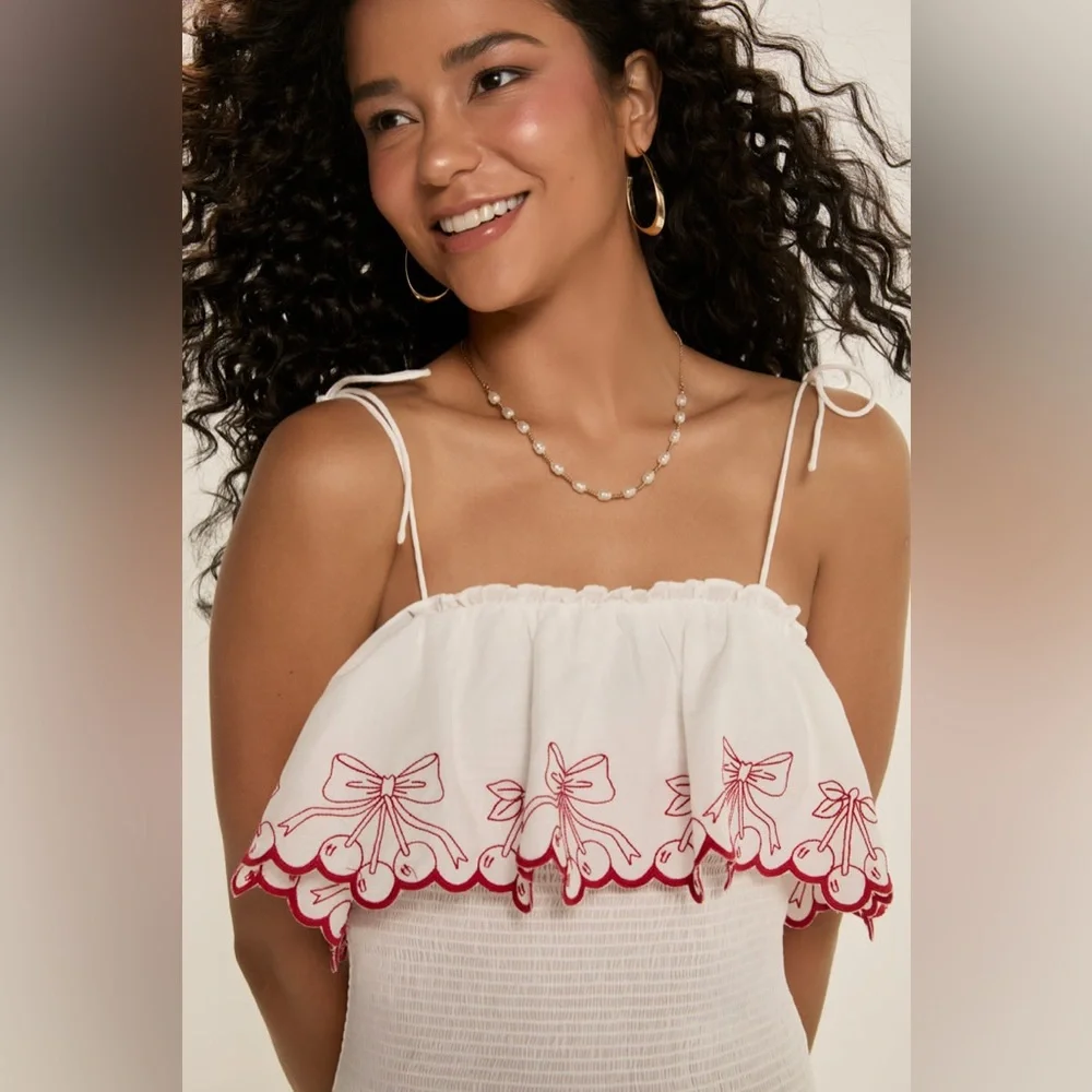 Francescas Margarita Cherry Embroidered 2 Piece Set Top and Skirt White Red Med